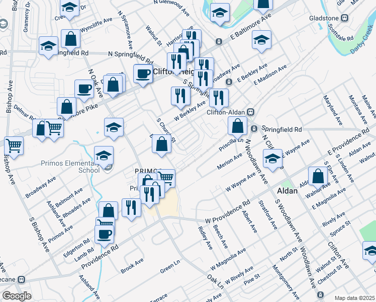 map of restaurants, bars, coffee shops, grocery stores, and more near 142 Willowbrook Road in Clifton Heights