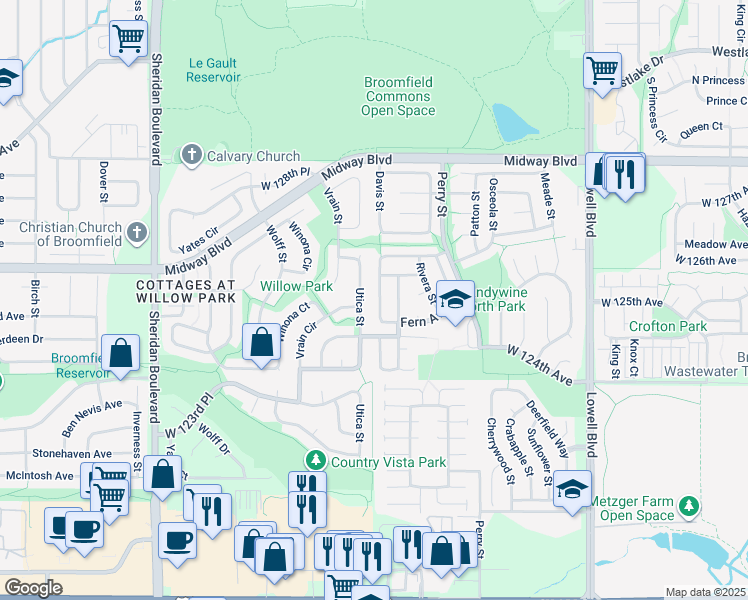 map of restaurants, bars, coffee shops, grocery stores, and more near 12533 Tammywood Street in Broomfield