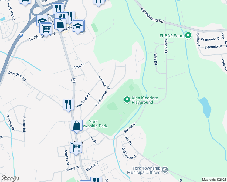 map of restaurants, bars, coffee shops, grocery stores, and more near 2306 Ashleigh Drive in York