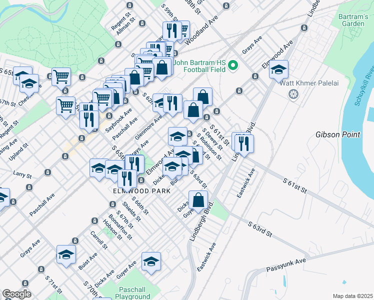 map of restaurants, bars, coffee shops, grocery stores, and more near 2520 South Felton Street in Philadelphia