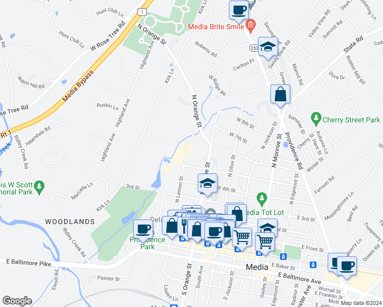 map of restaurants, bars, coffee shops, grocery stores, and more near 505 North Lemon Street in Media