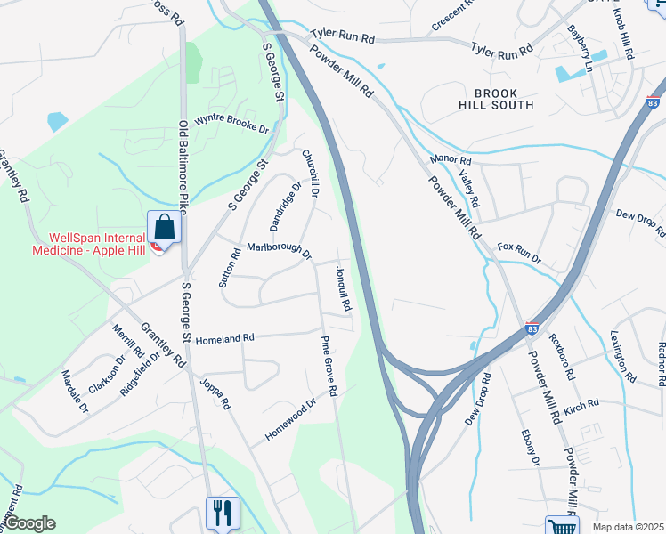 map of restaurants, bars, coffee shops, grocery stores, and more near 2305 Jonquil Road in York