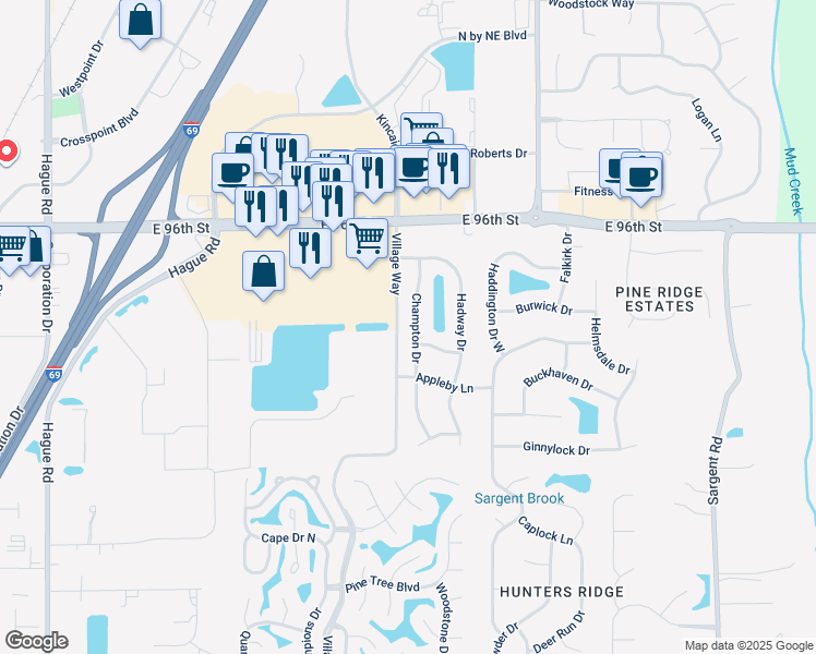 map of restaurants, bars, coffee shops, grocery stores, and more near 9364 Champton Drive in Indianapolis