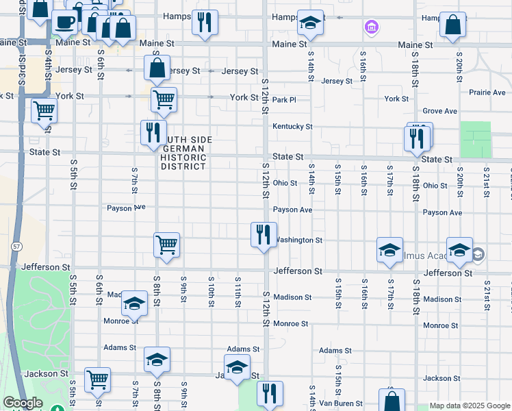 map of restaurants, bars, coffee shops, grocery stores, and more near 600-698 S 12th St in Quincy