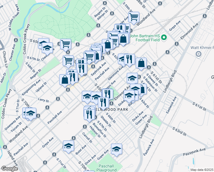 map of restaurants, bars, coffee shops, grocery stores, and more near 6417 Grays Avenue in Philadelphia
