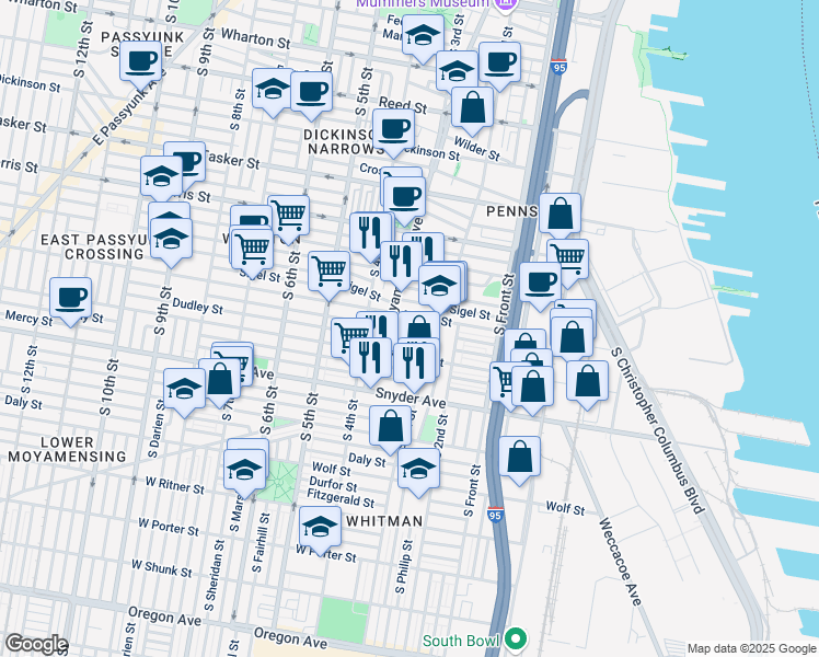 map of restaurants, bars, coffee shops, grocery stores, and more near 1923 South Galloway Street in Philadelphia