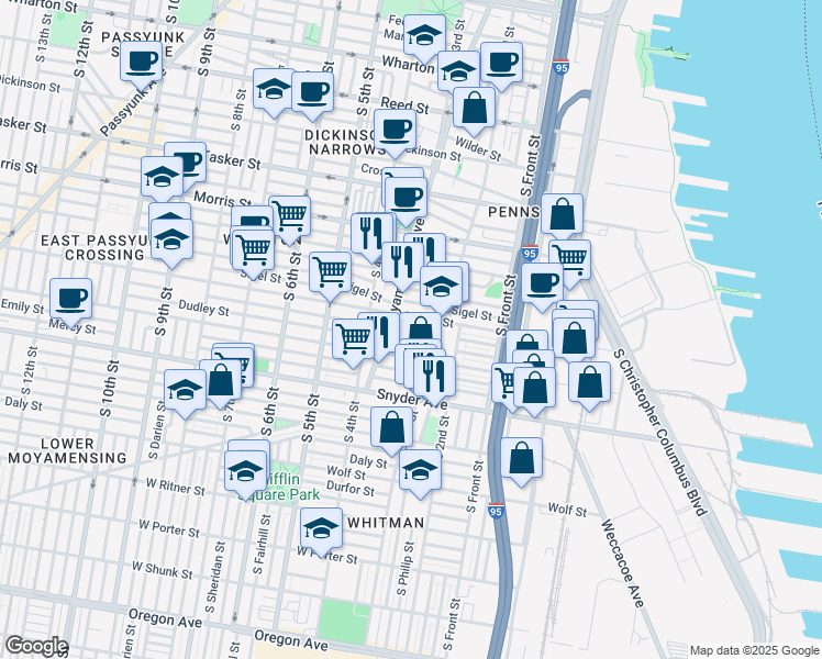 map of restaurants, bars, coffee shops, grocery stores, and more near 1923 South Galloway Street in Philadelphia