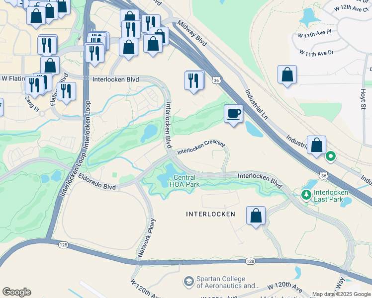 map of restaurants, bars, coffee shops, grocery stores, and more near 370 Interlocken Crescent in Broomfield