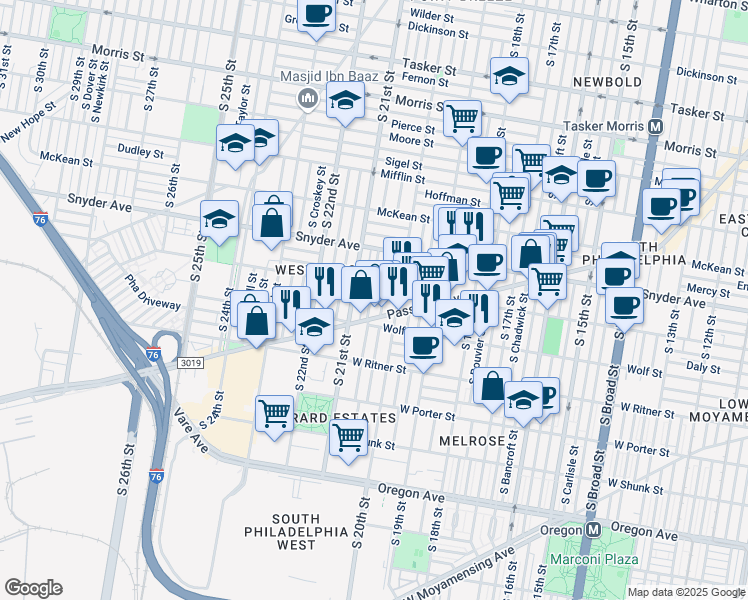 map of restaurants, bars, coffee shops, grocery stores, and more near 2217 South Lambert Street in Philadelphia
