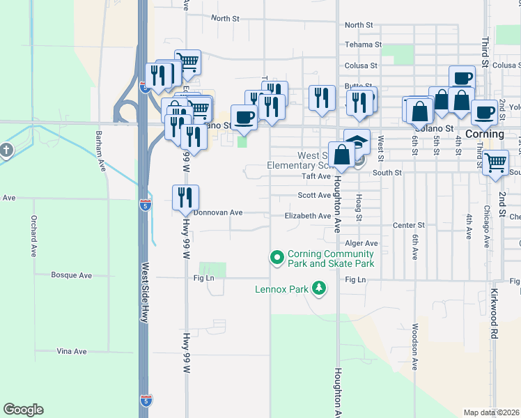 map of restaurants, bars, coffee shops, grocery stores, and more near 2018 Donnovan Avenue in Corning