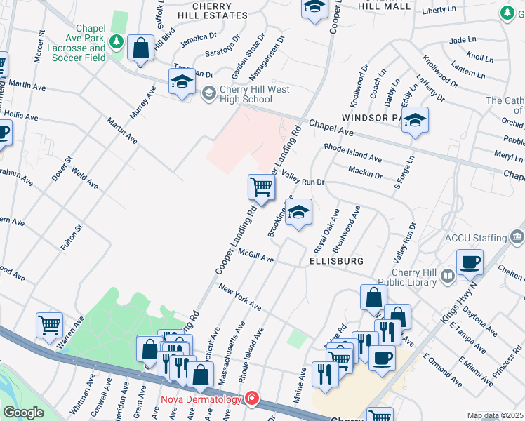 map of restaurants, bars, coffee shops, grocery stores, and more near 401 Cooper Landing Road in Cherry Hill