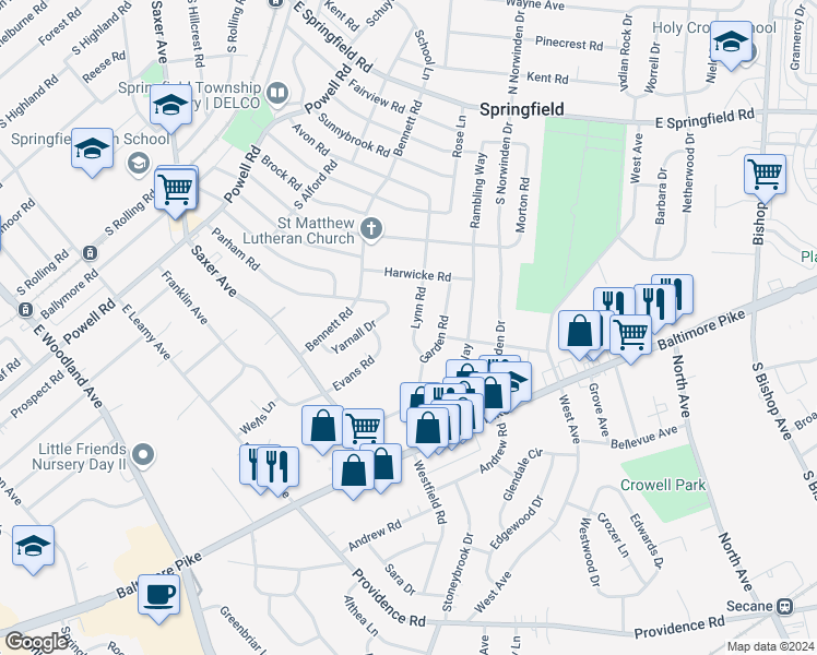 map of restaurants, bars, coffee shops, grocery stores, and more near 342 Lynn Road in Springfield