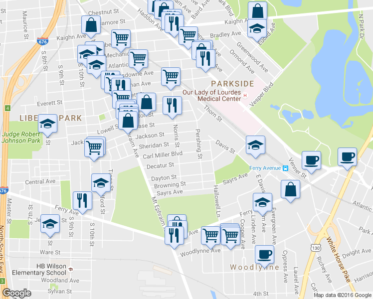 map of restaurants, bars, coffee shops, grocery stores, and more near 1325 Carl Miller Boulevard in Camden