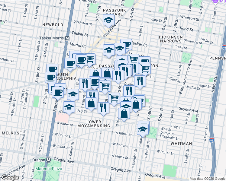 map of restaurants, bars, coffee shops, grocery stores, and more near in Philadelphia