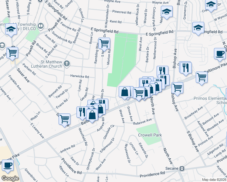 map of restaurants, bars, coffee shops, grocery stores, and more near 284 West Avenue in Springfield