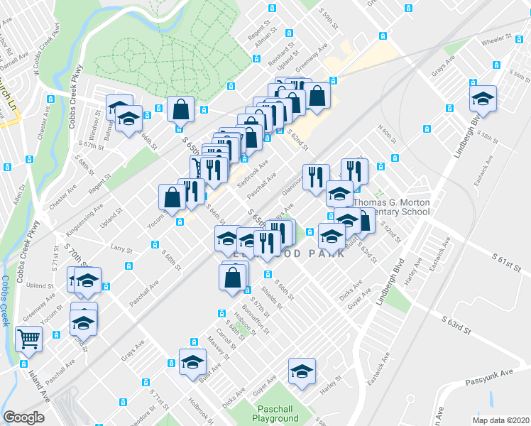 map of restaurants, bars, coffee shops, grocery stores, and more near 6439 Glenmore Avenue in Philadelphia