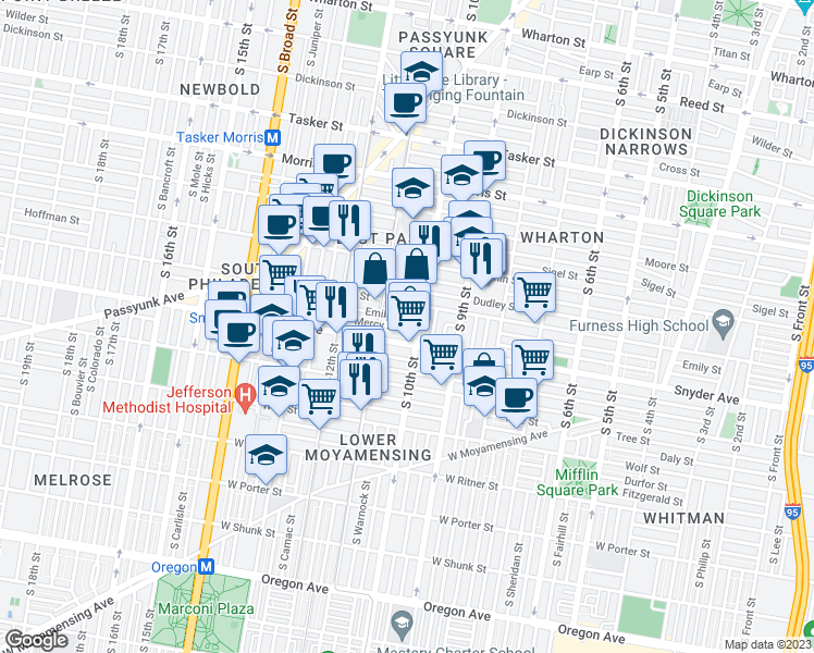 map of restaurants, bars, coffee shops, grocery stores, and more near 1015 Mercy Street in Philadelphia