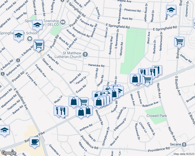 map of restaurants, bars, coffee shops, grocery stores, and more near 339 Lynn Road in Springfield
