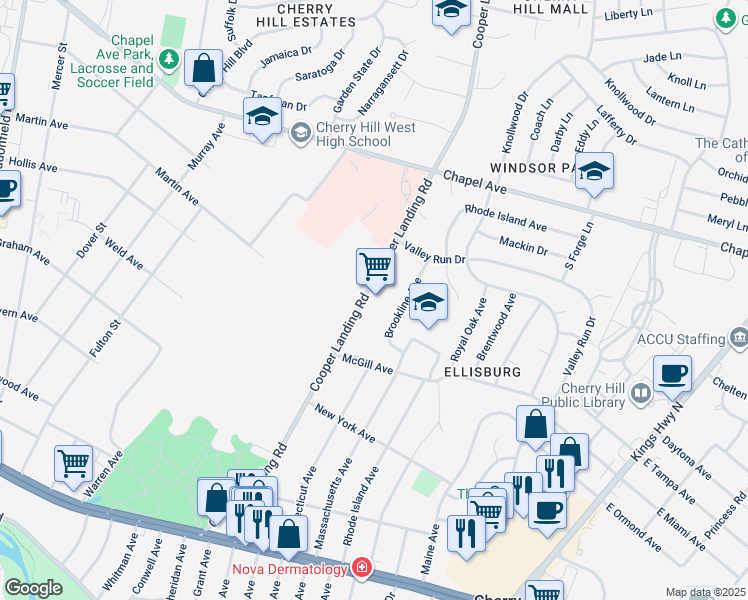 map of restaurants, bars, coffee shops, grocery stores, and more near 401 Cooper Landing Road in Cherry Hill Township