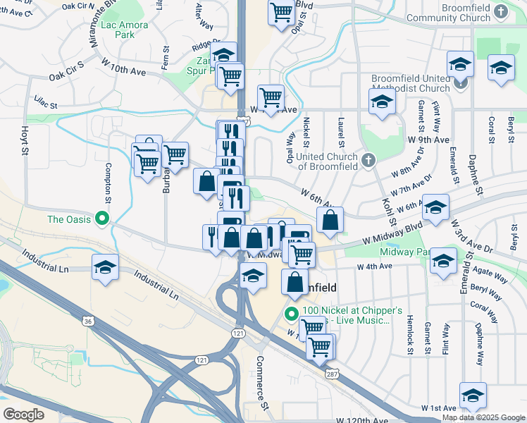 map of restaurants, bars, coffee shops, grocery stores, and more near 68 Garden Center in Broomfield