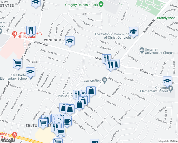 map of restaurants, bars, coffee shops, grocery stores, and more near 3005 Chapel Avenue in Cherry Hill