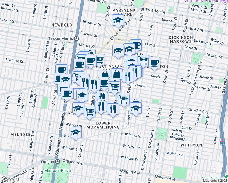 map of restaurants, bars, coffee shops, grocery stores, and more near 1015 Mercy Street in Philadelphia