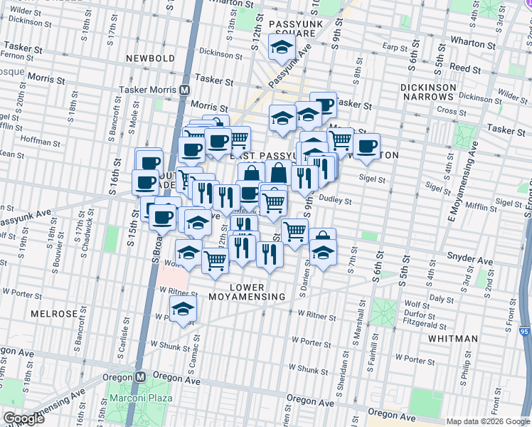 map of restaurants, bars, coffee shops, grocery stores, and more near 1018 Mercy Street in Philadelphia