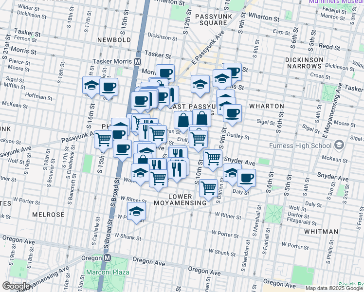 map of restaurants, bars, coffee shops, grocery stores, and more near in Philadelphia