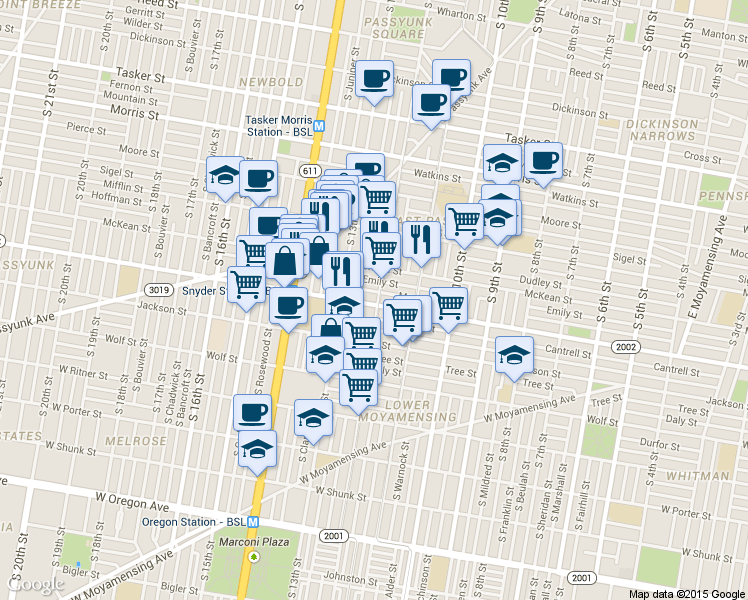 map of restaurants, bars, coffee shops, grocery stores, and more near 1215 Snyder Avenue in Philadelphia