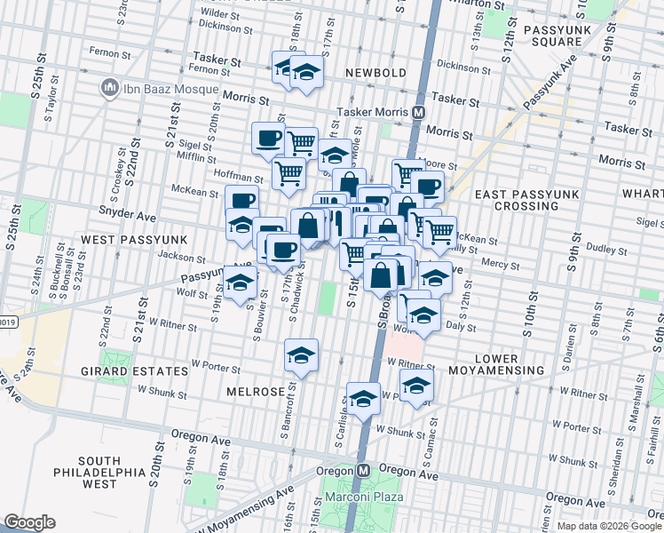 map of restaurants, bars, coffee shops, grocery stores, and more near 2131 South Mole Street in Philadelphia