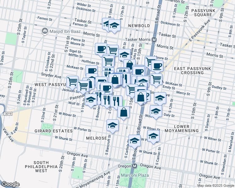 map of restaurants, bars, coffee shops, grocery stores, and more near 2129 South Bancroft Street in Philadelphia