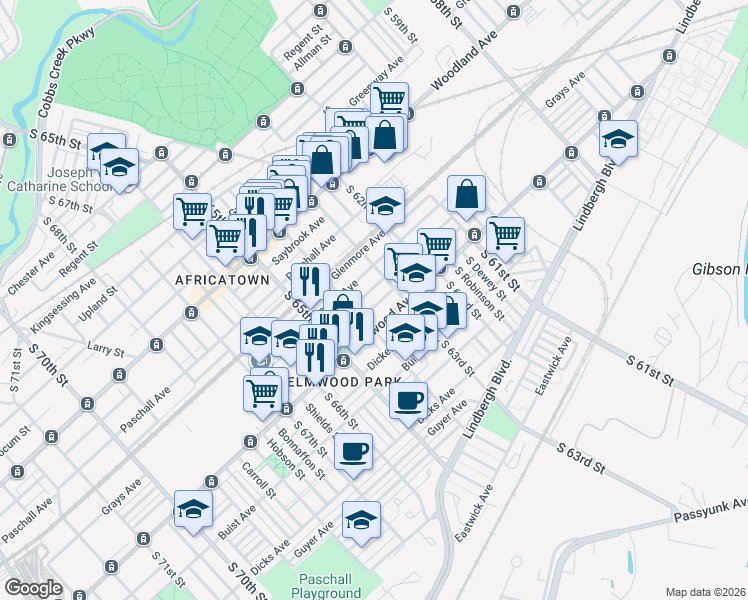 map of restaurants, bars, coffee shops, grocery stores, and more near 6344 Wheeler Street in Philadelphia
