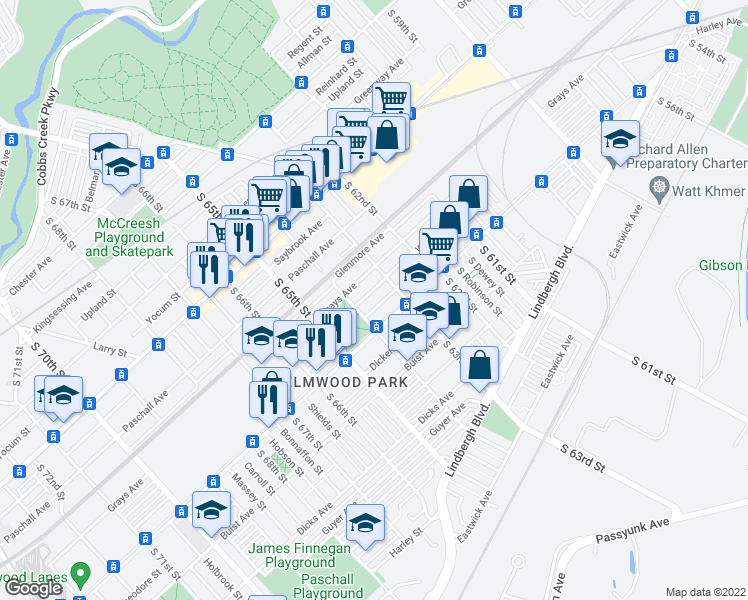 map of restaurants, bars, coffee shops, grocery stores, and more near 6344 Wheeler Street in Philadelphia