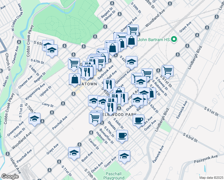 map of restaurants, bars, coffee shops, grocery stores, and more near 6417 Grays Avenue in Philadelphia