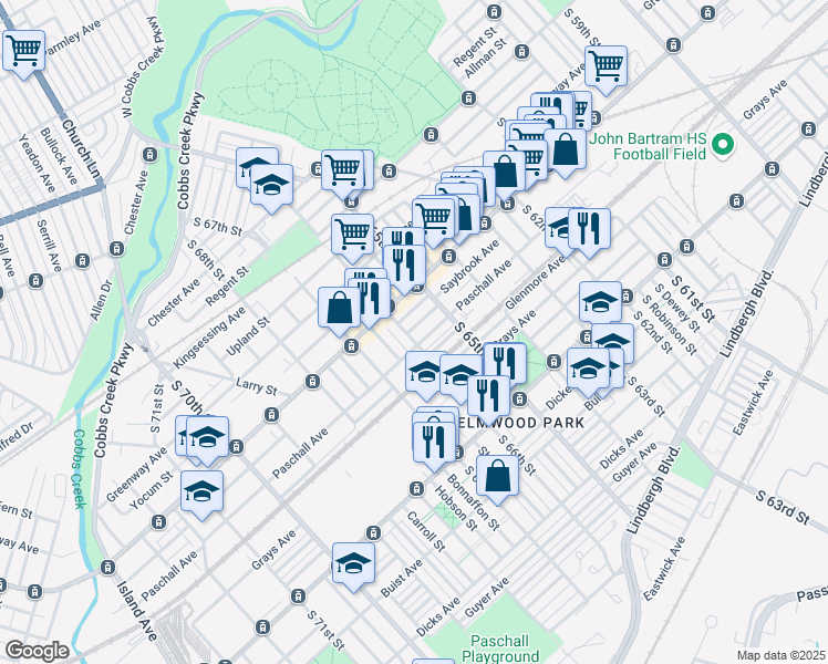 map of restaurants, bars, coffee shops, grocery stores, and more near 6529 Paschall Avenue in Philadelphia