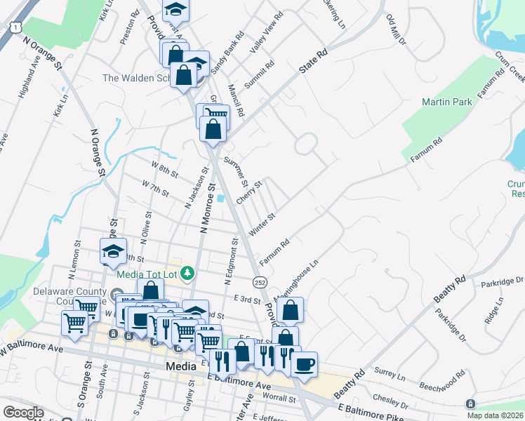 map of restaurants, bars, coffee shops, grocery stores, and more near 605 Summer Street in Media