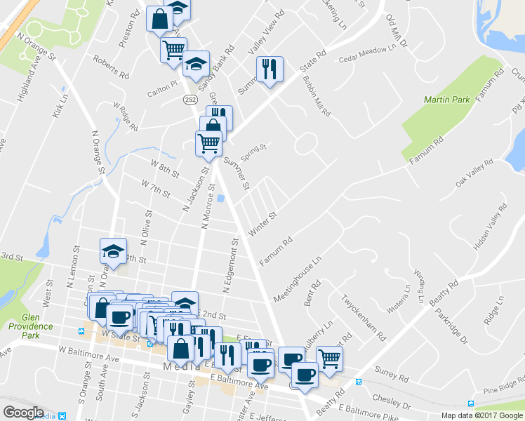 map of restaurants, bars, coffee shops, grocery stores, and more near 607 Summer Street in Media