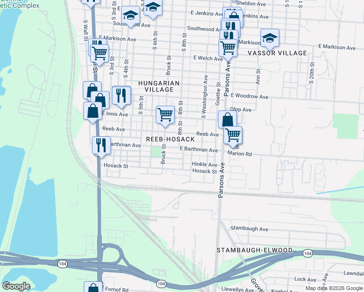 map of restaurants, bars, coffee shops, grocery stores, and more near 292 East Barthman Avenue in Columbus