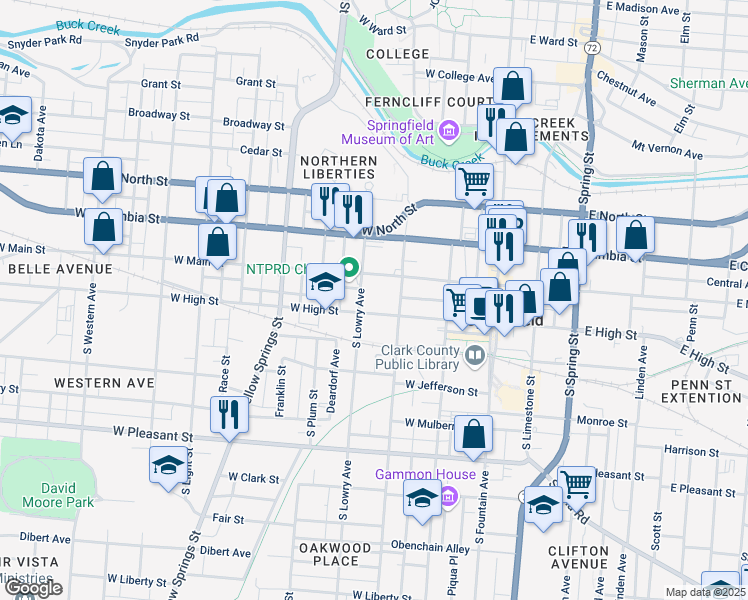 map of restaurants, bars, coffee shops, grocery stores, and more near 27 South Lowry Avenue in Springfield