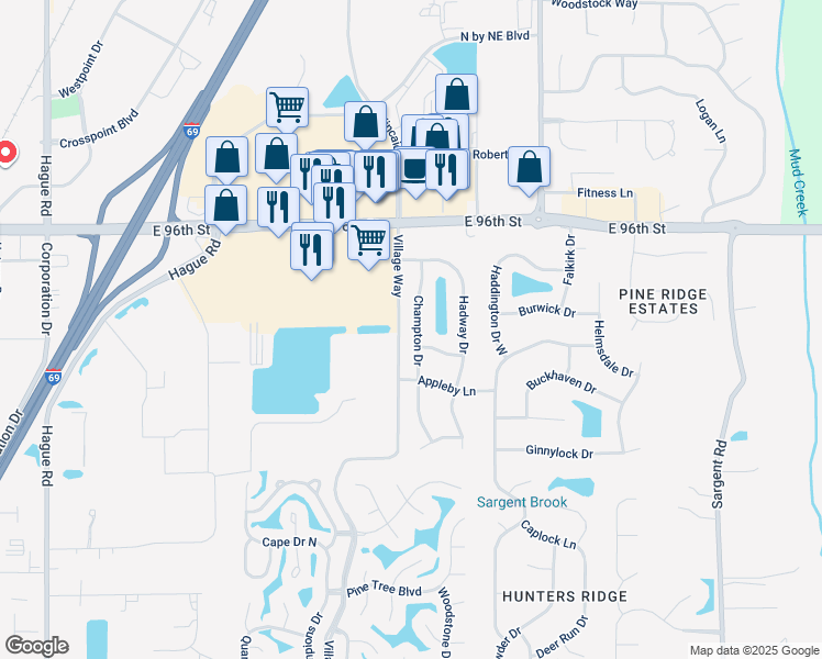 map of restaurants, bars, coffee shops, grocery stores, and more near 9364 Champton Drive in Indianapolis