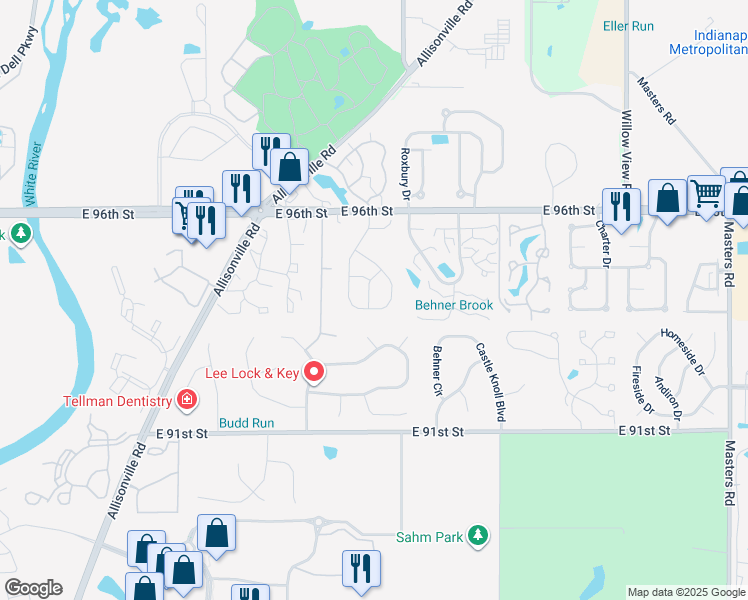 map of restaurants, bars, coffee shops, grocery stores, and more near 9414 Timber View Drive in Indianapolis