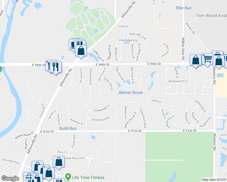 map of restaurants, bars, coffee shops, grocery stores, and more near 9419 Timber View Drive in Indianapolis