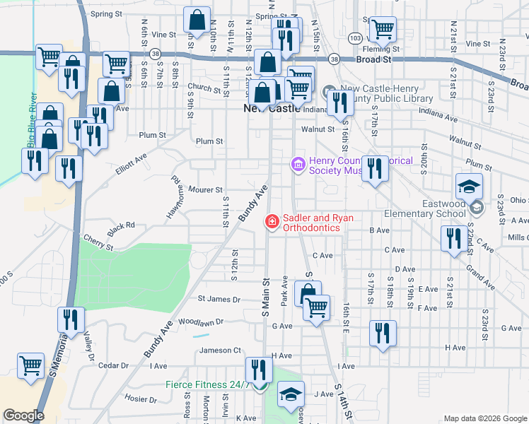 map of restaurants, bars, coffee shops, grocery stores, and more near 803 South Main Street in New Castle