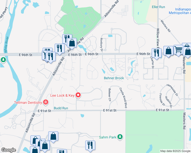 map of restaurants, bars, coffee shops, grocery stores, and more near 9414 Timber View Drive in Indianapolis