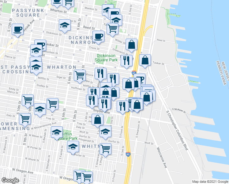 map of restaurants, bars, coffee shops, grocery stores, and more near 206 Mifflin Street in Philadelphia