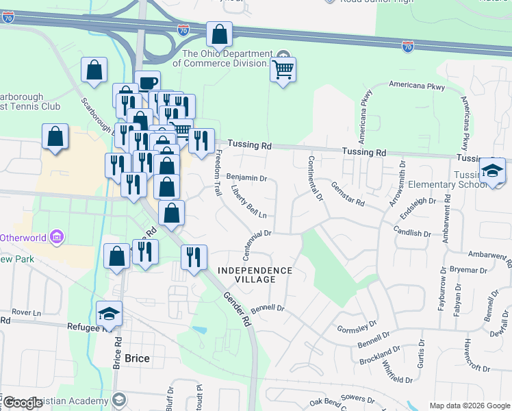 map of restaurants, bars, coffee shops, grocery stores, and more near 2879 Liberty Bell Lane in Reynoldsburg