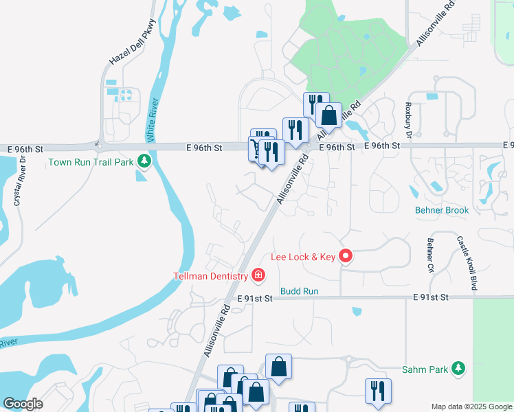 map of restaurants, bars, coffee shops, grocery stores, and more near 5759 River Wood Drive in Indianapolis