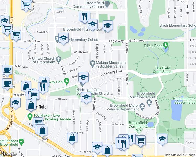 map of restaurants, bars, coffee shops, grocery stores, and more near 500 West Midway Boulevard in Broomfield