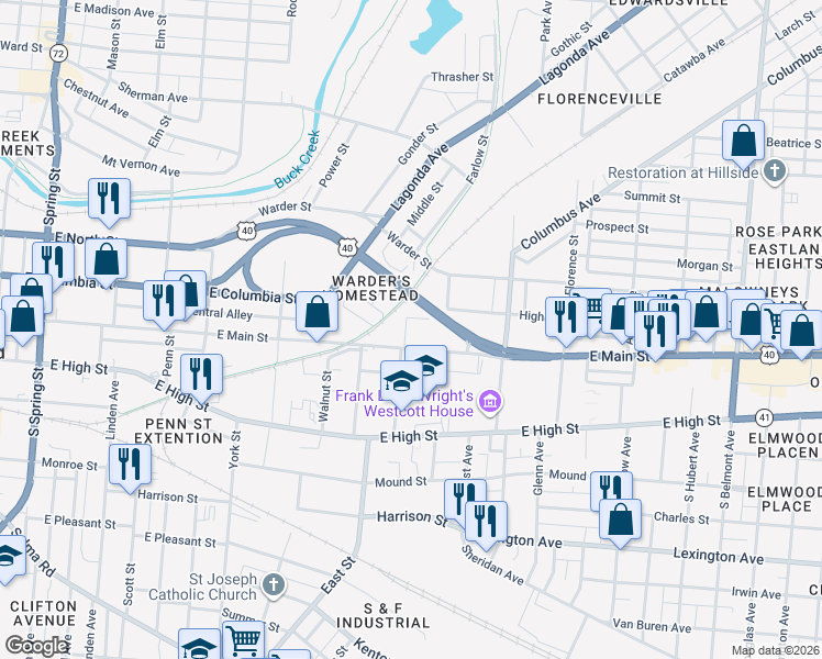 map of restaurants, bars, coffee shops, grocery stores, and more near 5 North Freeman Street in Springfield