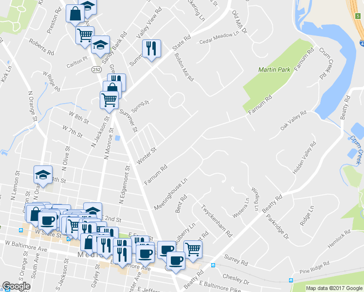 map of restaurants, bars, coffee shops, grocery stores, and more near 480 Farnum Road in Media